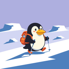 Fototapeta premium Cute cartoon penguin with backpack and ski poles.