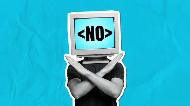 Person with computer monitor head and crossed arms, indicating refusal, prohibition, rejection, and stop signal with 'NO' text.