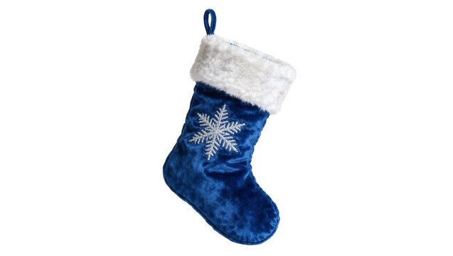 Plush blue Christmas stocking with white snowflake embroidery, isolated on transparent background