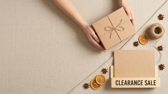 Hands holding a brown gift box tied with twine on a neutral fabric surface with decorative elements