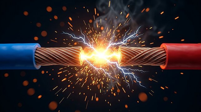 Two frayed copper electrical wires with insulation stripped away spark with bright white energy and orange sparks against black background.