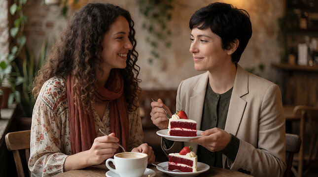 Romantic Queer Women Sharing Dessert at Cozy Cafe
