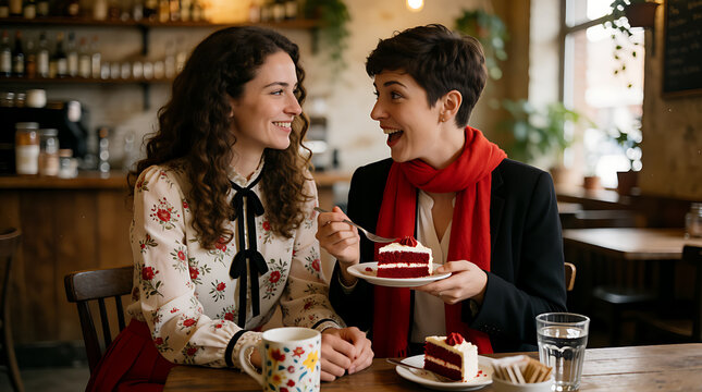 Romantic Queer Women Sharing Dessert at Cozy Cafe