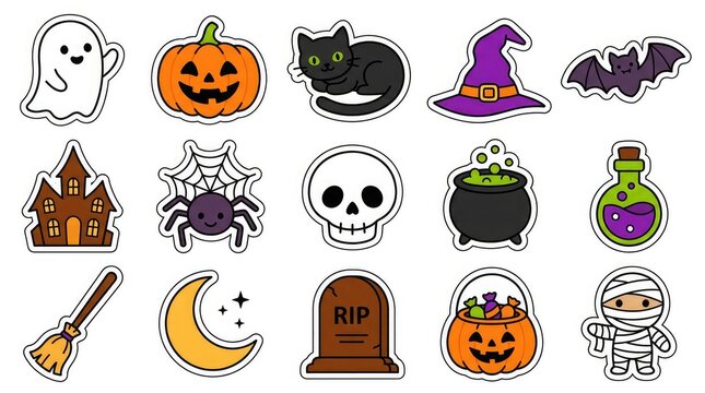 Collection of charming halloween icons including ghosts pumpkins and spooky witch hats