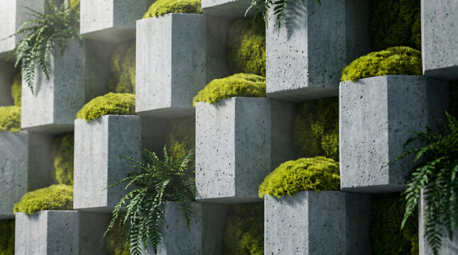 modern biophilic design concrete wall with green moss | vertical garden modular concrete block architecture | sustainable urban landscaping with ferns and moss | architectural living wall green facade