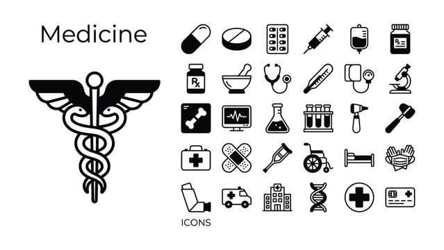 Medical Icons and Caduceus Symbol: A comprehensive collection of medical-themed icons, including a caduceus symbol, pills, syringes, stethoscopes, and other healthcare-related graphics.