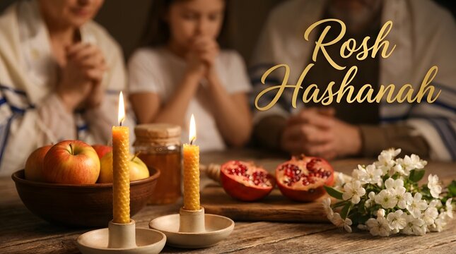 Jewish family praying together during rosh hashanah dinner with symbolic food