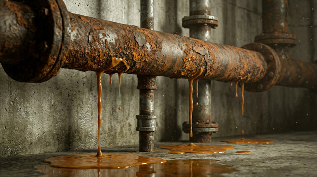 Old rusted industrial pipes leaking orange fluid | Corrosion damage in basement plumbing systems | Hazardous chemical spill in abandoned factory | Rusty pipe leakage on concrete floor