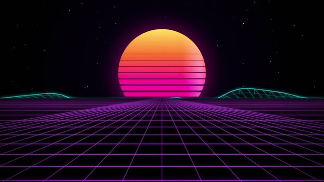 Retro futuristic synthwave grid loop features glowing neon wires moving beneath glowing pink and orange sunset in dark outer space.