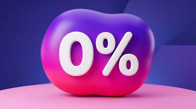 Zero percent 3d rendered number with purple and pink gradient for a negative discount or no result concept.