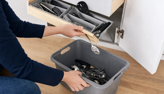 Person cleaning out kitchen drawer by placing cutlery into a grey storage bin with utensil storage kitchen organization sorting cutlery tidying up home maintenance kitchen tools housework