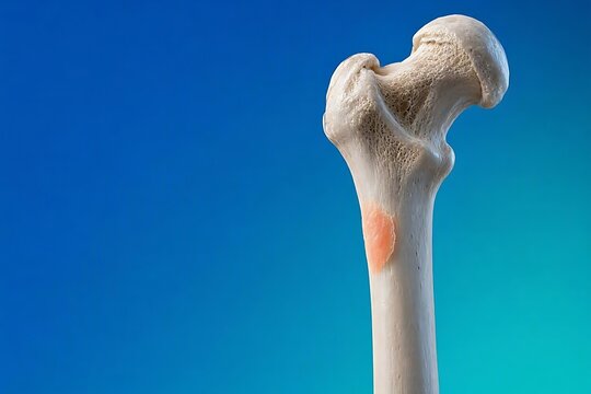 Human Femur Bone Anatomy with Highlighted Hip Joint Pain on Blue Background