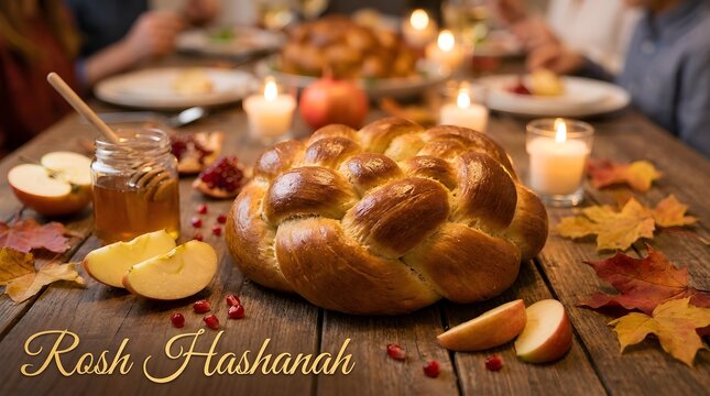Challah bread and apples with honey for rosh hashanah jewish new year