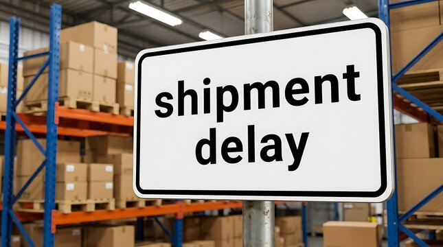 Warehouse interior with stacked boxes on shelves signaling shipment delay, illustrating supply chain challenges and logistics problems for distribution.