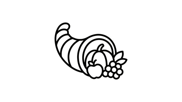 Black outline cornucopia horn of plenty fruit vegetable icon illustration.