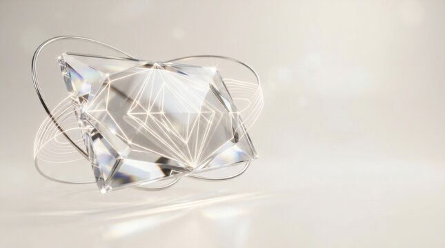 Shiny crystal diamond with glowing light lines on white background
