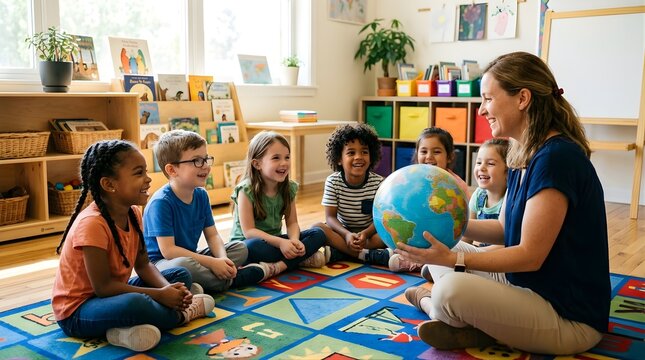 Teacher showing globe to diverse group of happy children in classroom