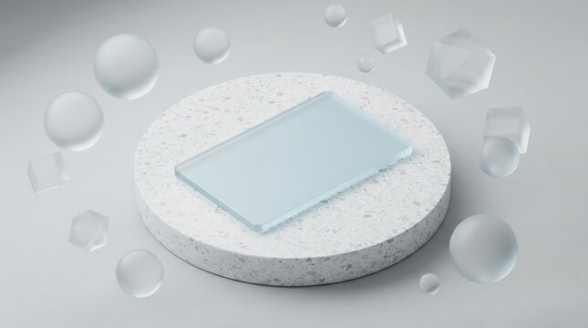 Glass plate on a round stone podium with floating geometric shapes