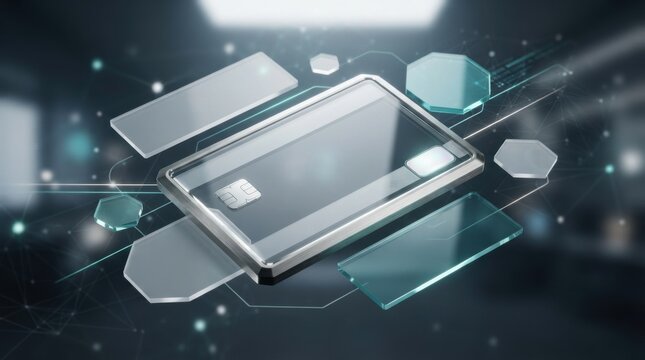 Modern credit card with floating digital elements on dark background