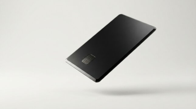 Blank black credit card floating on a light grey studio background