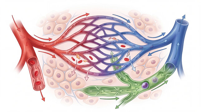 Capillary bed diagram showing microcirculation blood exchange with arteriole, venule, and lymphatic vessels among tissue cells, suitable for medical education and biology study