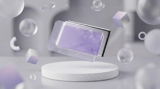 Modern smartphone floating above a white pedestal with 3d shapes