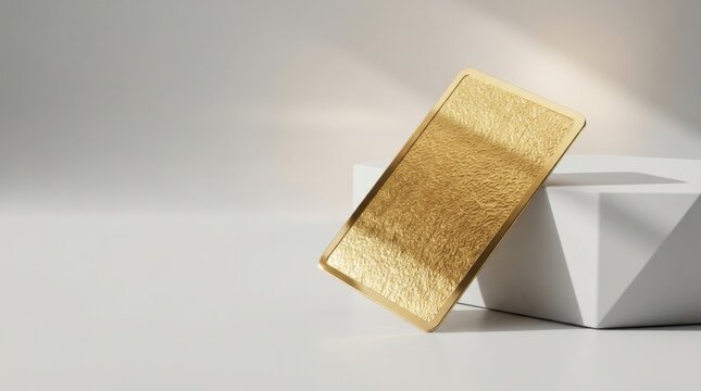 Shiny gold credit card leaning on a white stand