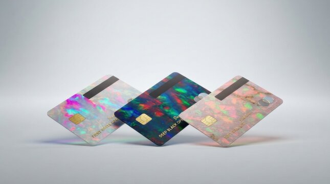 Three colorful credit cards floating against a soft light background