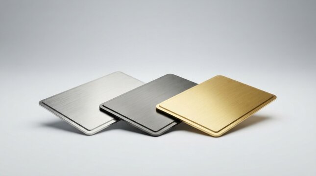 Three metal credit cards in gold silver and dark grey colors
