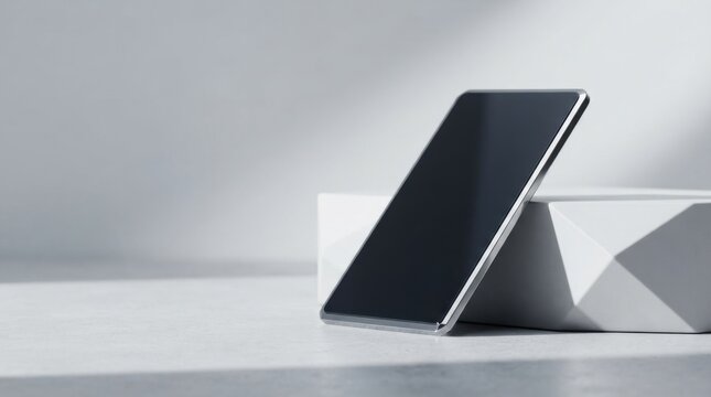 Modern smartphone with blank black screen resting on a white surface