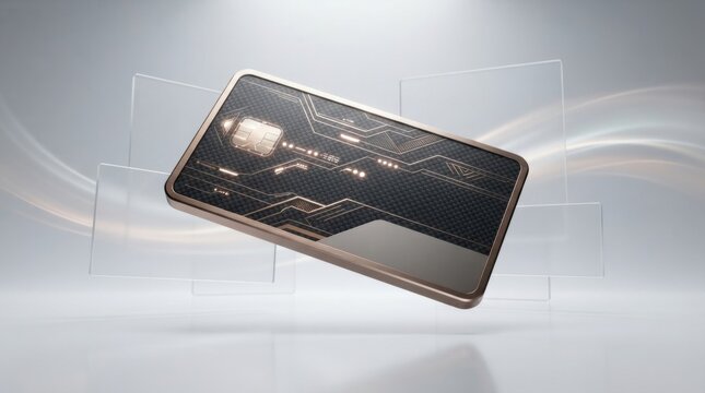Modern black credit card with circuit board pattern design on display