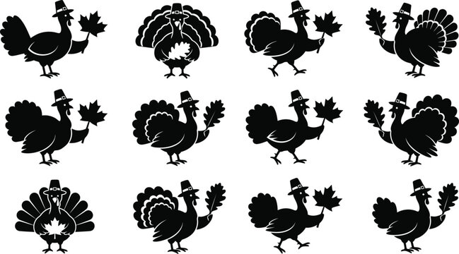 A diverse collection of old fashioned turkey drawings created with black ink and set on a white backdrop