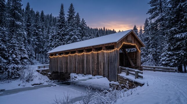 Historic American covered bridge with simple string of Christmas lights at twilight in a snow covered pine forest