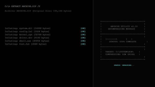 Retro Computer Console Terminal Interface Decompressing Files