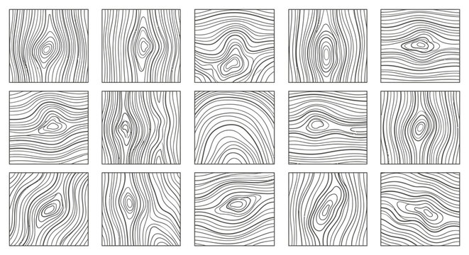 A collection of stylized wood grain patterns is presented in a rectangular grid, featuring horizontal lines that emulate natural timber textures with knots and flowing irregularities.
