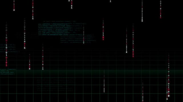 Cybersecurity data stream with falling digital code, futuristic matrix interface for network security and hacking concepts, abstract binary information processing on black background.