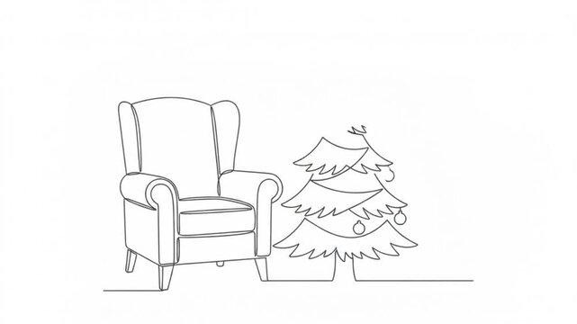 Continuous line of a cozy armchair and decorated christmas tree animation single line minimalist