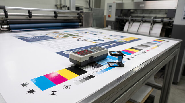 Offset printing color calibration bars on press sheet, CMYK quality control and print registration