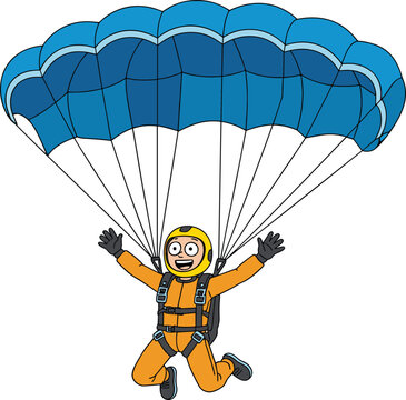 Cartoon illustration of a happy person skydiving with a large blue parachute