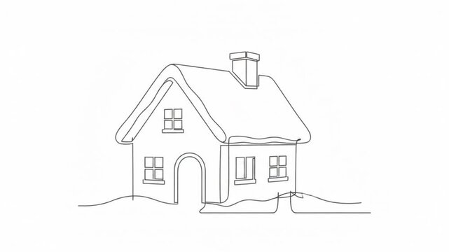Continuous line of a cozy winter house with christmas tree animation single line home