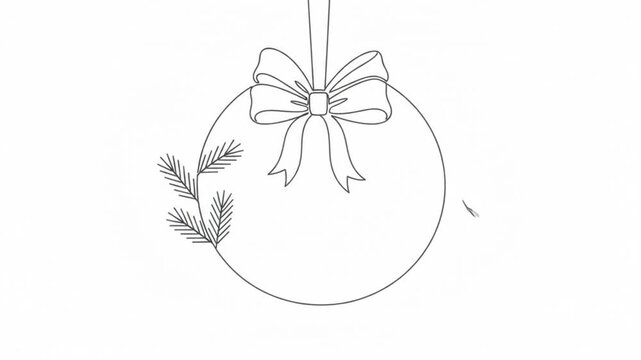 Continuous line of christmas bauble ornament with pine branches and bow animation holiday line continuous line