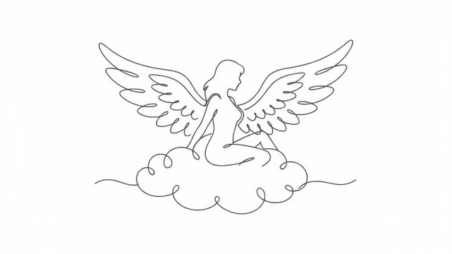 Continuous line of an angel sitting on a cloud, minimalist religious animation, spiritual concept for and motion