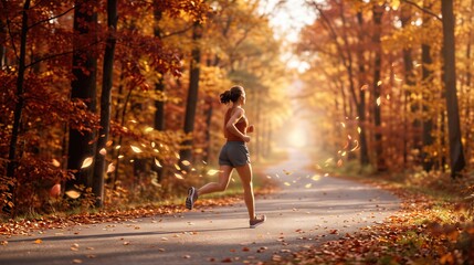 Fototapeta premium Woman running on park path surrounded by golden autumn foliage. Athlete jogging through fall forest as leaves swirl in the air around her.