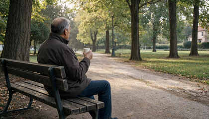 Obraz premium Senior man relaxing on a park bench holding a coffee cup while looking at nature with elderly person hot drink city park afternoon rest relaxing pensioner retirement beverage peaceful