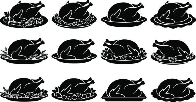 Vintage style illustrations of roasted turkey on plates arranged in a grid pattern on a white background