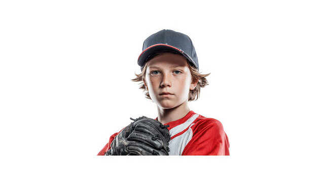 Young baseball catcher holding a mitt poses for a studio portrait.