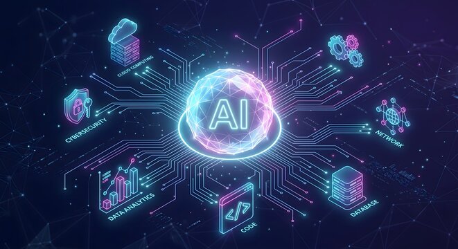 AI Artificial Intelligence Technology Concept with Neural Network, Cloud Computing, Cybersecurity, Big Data, and Global Digital Infrastructure