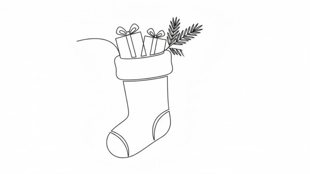 Continuous line of christmas stocking with gifts and pine branch animation line continuous line holiday