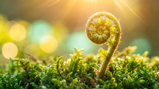 Unfurling Fern Frond Fiddlehead Growing in Sunlit Forest Moss
