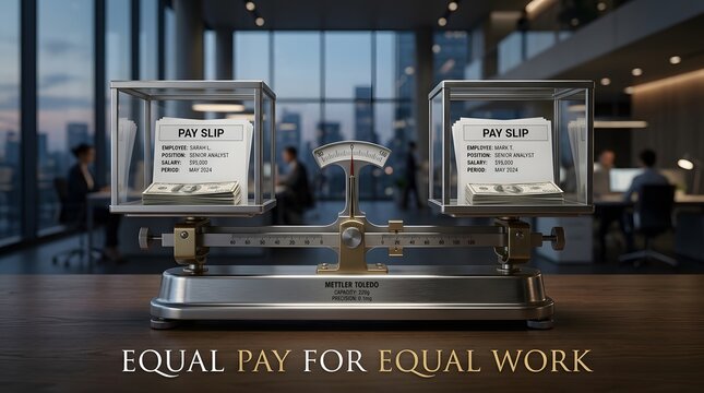 Balance scale measuring coins to represent equal pay for equal work in office